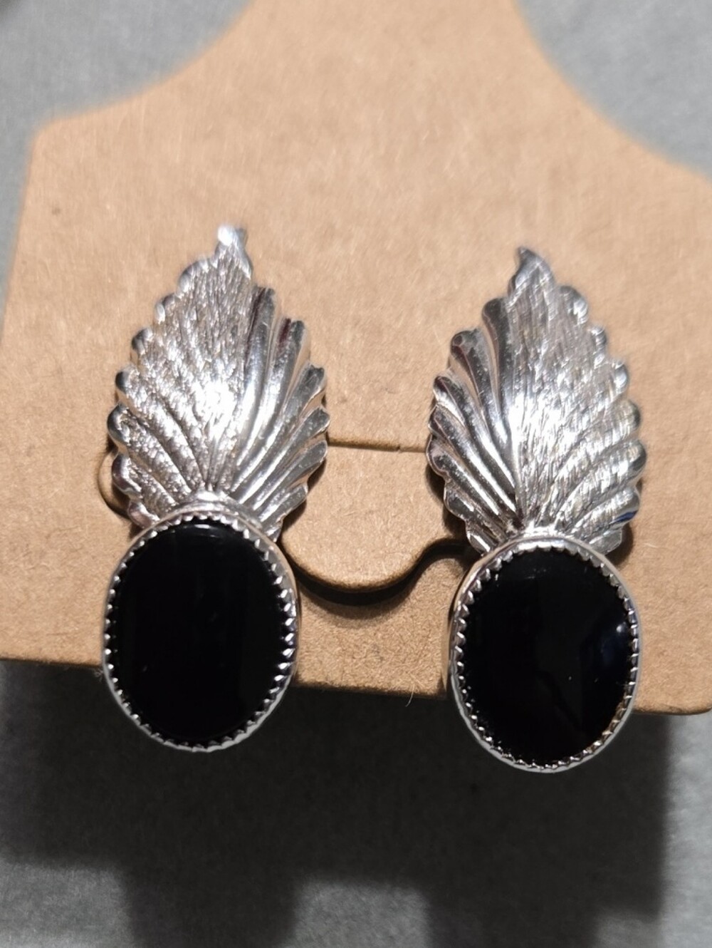 Star 925 Sterling Silver Rhodium Plated Screw Back Wing Earrings with Black Onyx